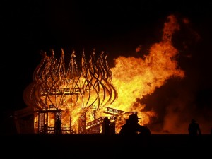 Burning Man Temple on Fire in Black Rock City